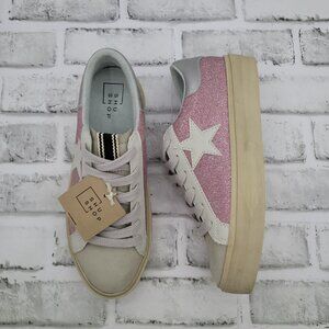 NWT Shu Shop Reba Pink Glitter White Star Sneakers Trendy Women's Size 6.5